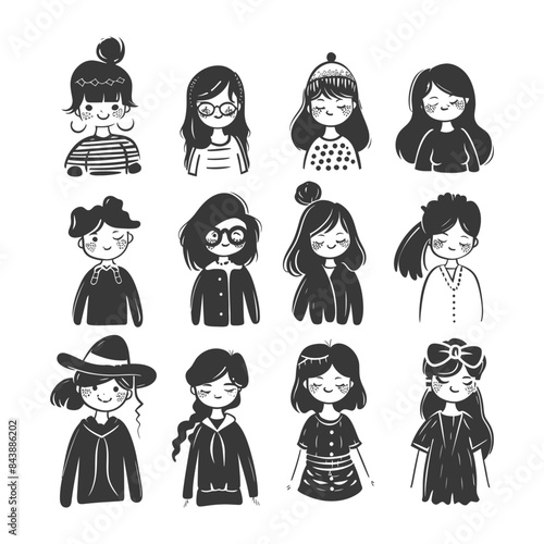 Doodle Style: Diverse Girls Collection, Hand-Drawn Portraits, Black & White.