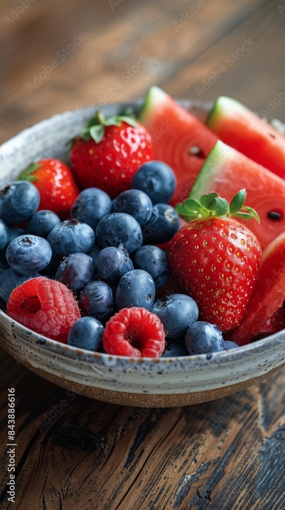 Fresh summer fruits: A bowl filled with ripe strawberries, blueberries, and watermelon slices on a rustic wooden table. Fresh summer fruits: A bowl filled with ripe strawberries, blueberries, and watermelon slices on a rustic wooden table.