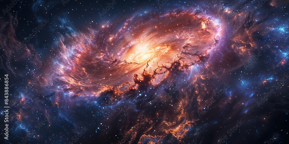 spiral galaxy in space with glowing center and sparkling stars. Illustration of a background with a majestic space theme. spiral galaxy in space with glowing center and sparkling stars. Illustration of a background with a majestic space theme.