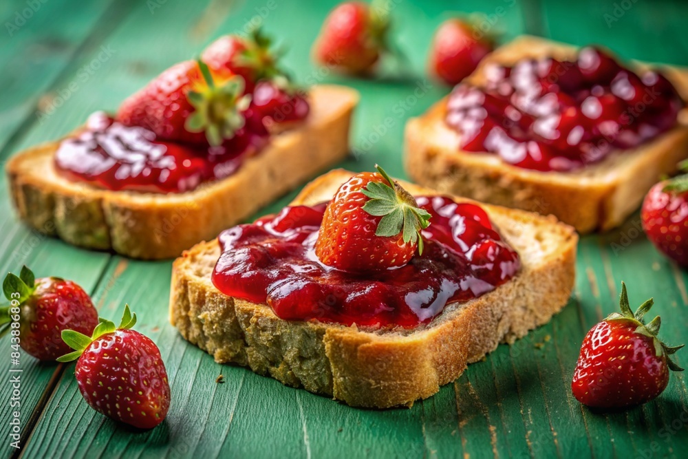Wooden board with slices of bread and delicious strawberry jam on green table Wooden board with slices of bread and delicious strawberry jam on green table