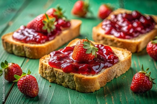 Wooden board with slices of bread and delicious strawberry jam on green table