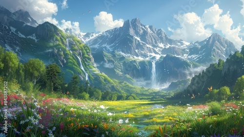 beautiful mountain landscape with a stream and flowers