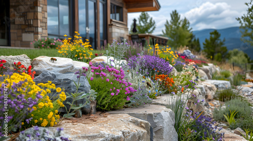 Fototapeta Naklejka Na Ścianę i Meble -  Pollinator-Friendly Terraced Garden, variety of flowers and shrubs attracting bees, butterflies, and other pollinators