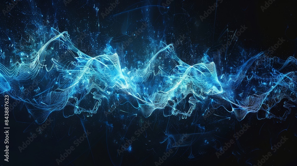 Abstract blue light waves and particles forming a wave pattern on a ...