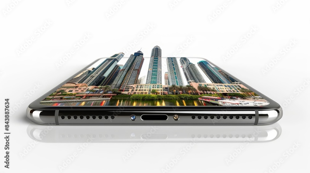 close up of a cell phone with a city view on the screen close up of a cell phone with a city view on the screen
