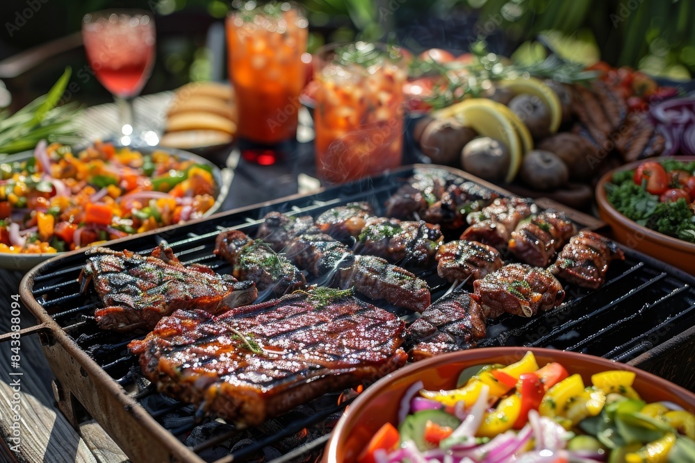 Obraz premium A summer barbecue with a grill, sizzling burgers, and colorful salads.