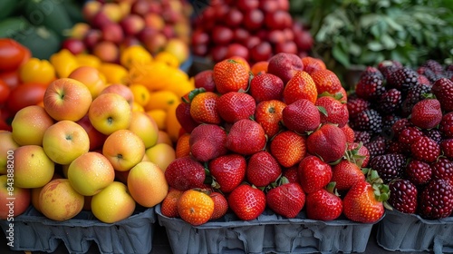 display of fruit including strawberries  apples  and other fruits