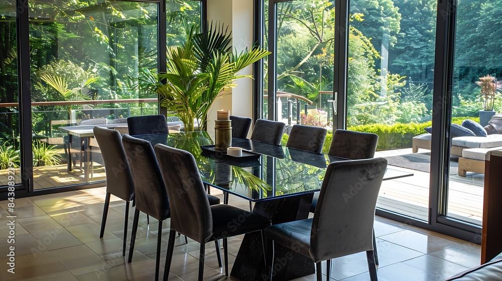 Fototapeta premium A dining table in a luxury apartment set in a bay window with views over the large decking area and gardens A large glass table with a black base and eight upholstered chairs sits in the centre