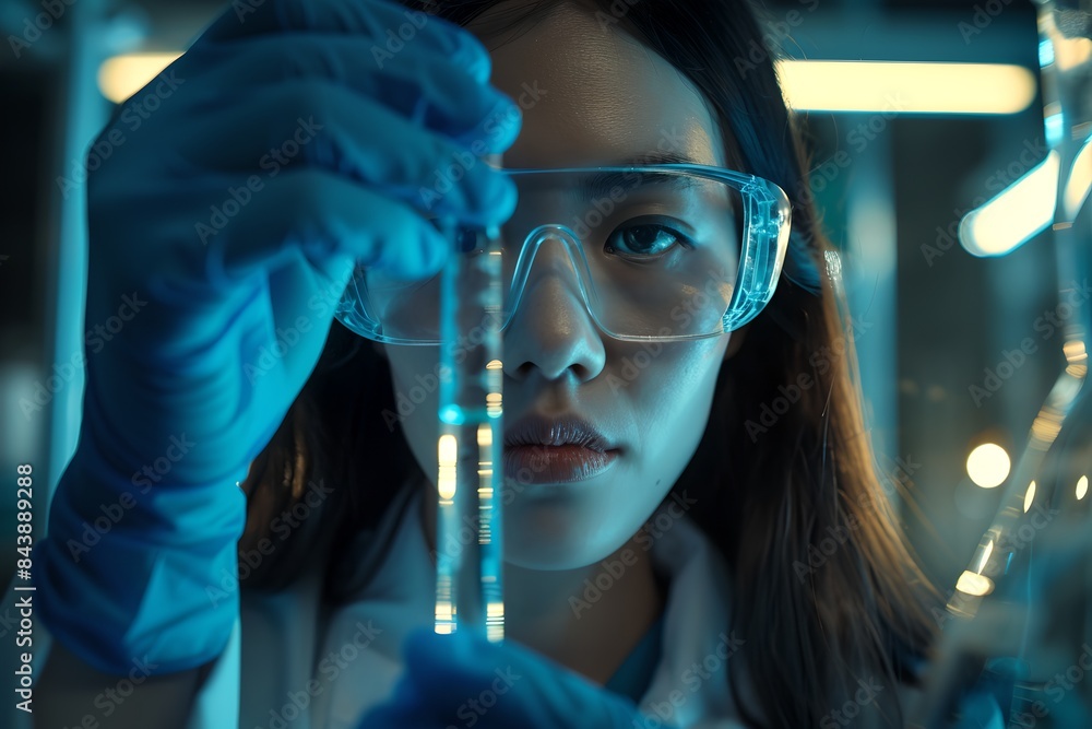 Young scientist in a high-tech lab, conducting experiments. A focused look with protective gear. Conceptualize the future of medical research. A blend of science and technology. Generative AI Young scientist in a high-tech lab, conducting experiments. A focused look with protective gear. Conceptualize the future of medical research. A blend of science and technology. Generative AI