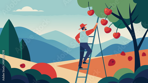 Farmer Harvesting Apples in Orchard Mountain Landscape