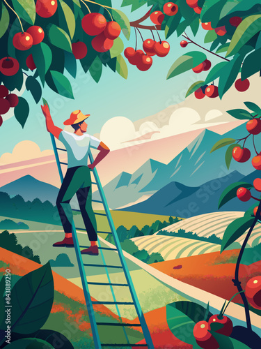 Orchard Worker Harvesting Apples Amidst Picturesque Mountain Landscape