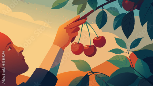Woman Picking Fresh Cherries at Golden Hour Sunset