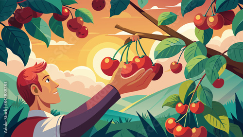 Harvesting Fresh Cherries at Sunset in a Lush Orchard