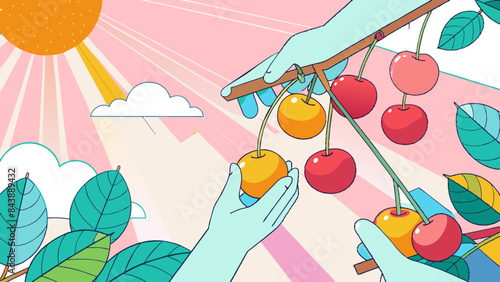 Whimsical Fruit Harvest Illustration with Vibrant Colors and Retro Style