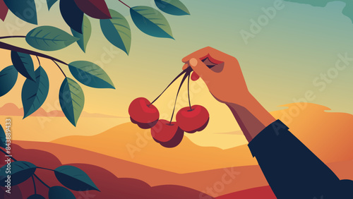 Hand Plucking Ripe Cherries at Sunset in Orchard