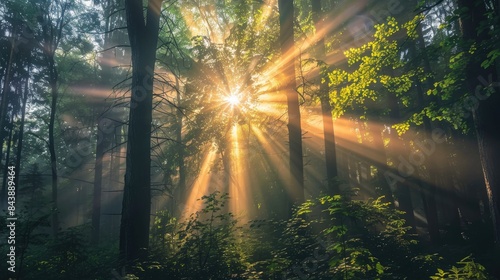 Spectacular sun rays shining through woods and tree in the dense forest. Green and lust forest on a beautiful summer day