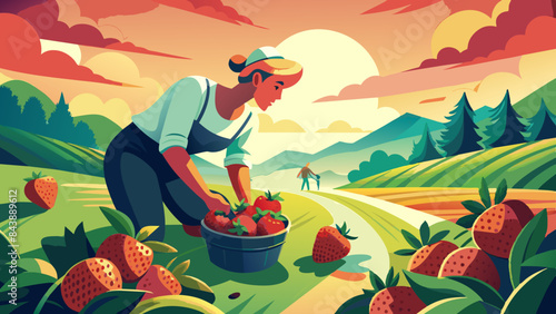Harvest Time: Woman Picking Strawberries in Idyllic Countryside
