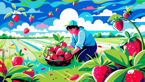 Vibrant Illustration of Farmer Harvesting Strawberries in Sunny Field