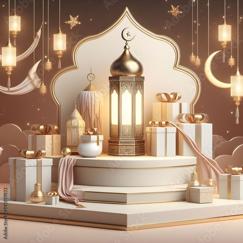 3D rendering background featuring Arabian lantern podium and Islamic celebration elements with blank space bag and gift box