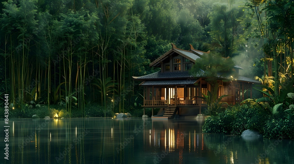House in a cool and lush tropical forest, small lake in front, surrounded by bamboo trees and greenery House in a cool and lush tropical forest, small lake in front, surrounded by bamboo trees and greenery