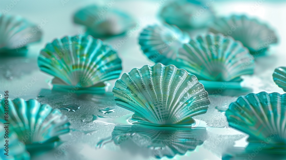 Obraz premium Elegant summer collection with teal scallops on a glass surface, ideal for copy space for text