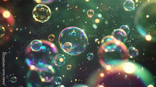 Enchanting vibrant soap bubbles floating in colorful light