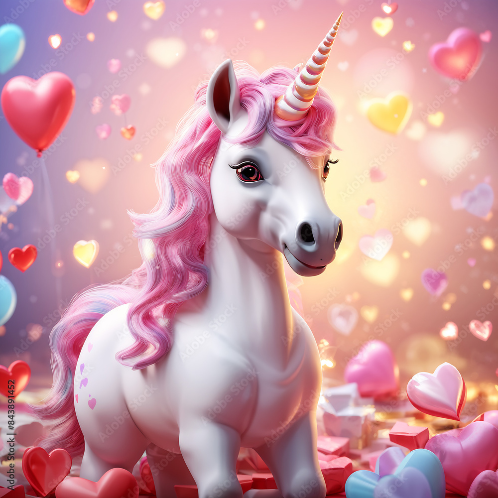 The image features a three-dimensional model of a unicorn with a pink mane and tail, surrounded by a multitude of colorful hearts and a rainbow background. The image features a three-dimensional model of a unicorn with a pink mane and tail, surrounded by a multitude of colorful hearts and a rainbow background.