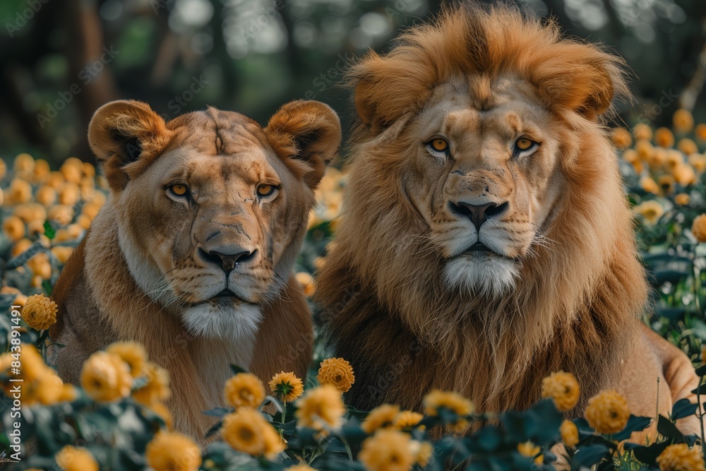 Fototapeta premium Royal Feline Partners: Lion Couple Bonding & Behavior