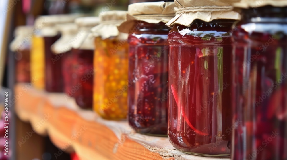 Homemade preserves in glass jars on rustic shelf Homemade preserves in glass jars on rustic shelf