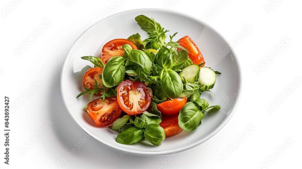 white plate with a salad of tomatoes, cucumber and basil white plate with a salad of tomatoes, cucumber and basil