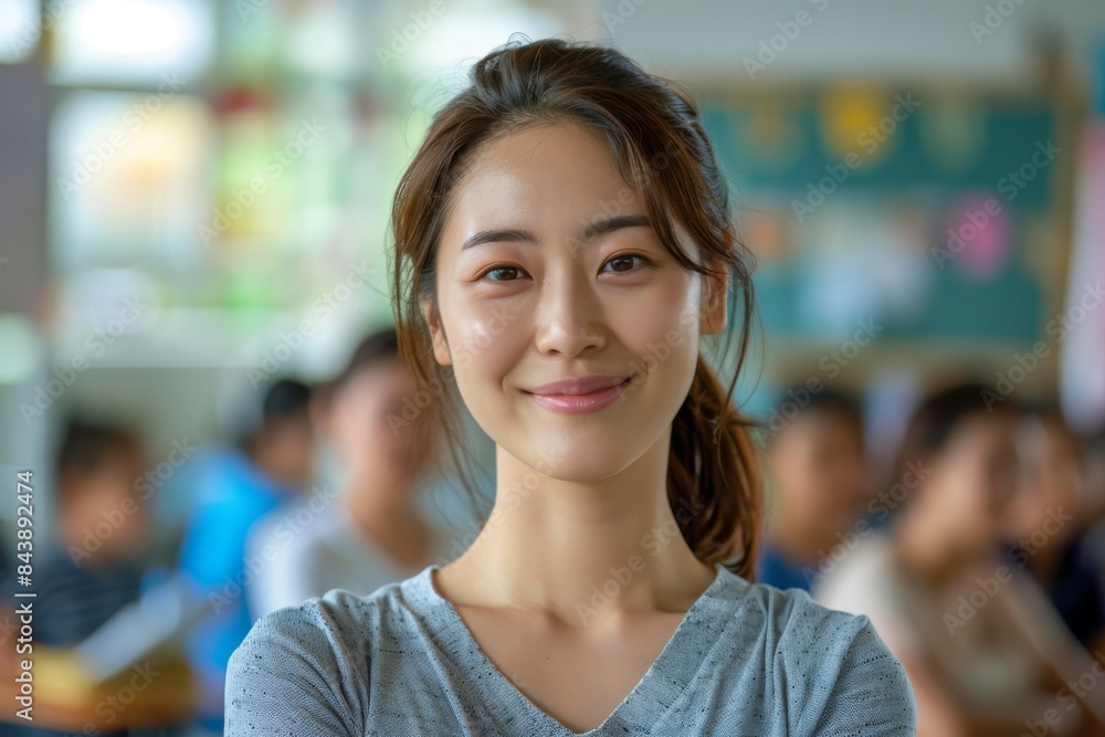 young smiling beautiful asian school female teacher with blurred modern classroom with kids in the background young smiling beautiful asian school female teacher with blurred modern classroom with kids in the background