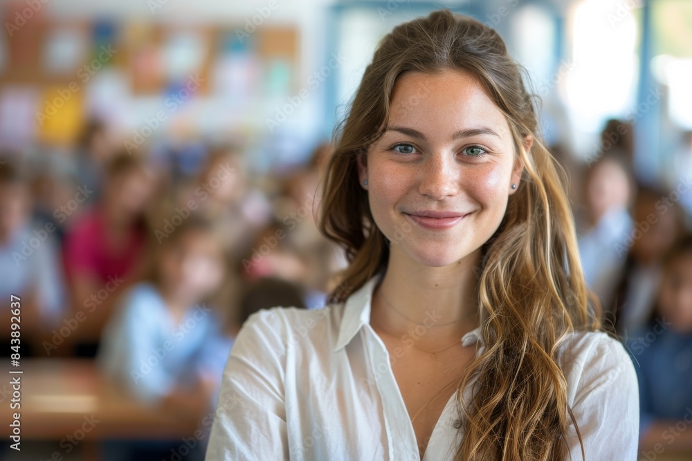 young smiling European school female teacher with blurred modern classroom with kids in the background young smiling European school female teacher with blurred modern classroom with kids in the background