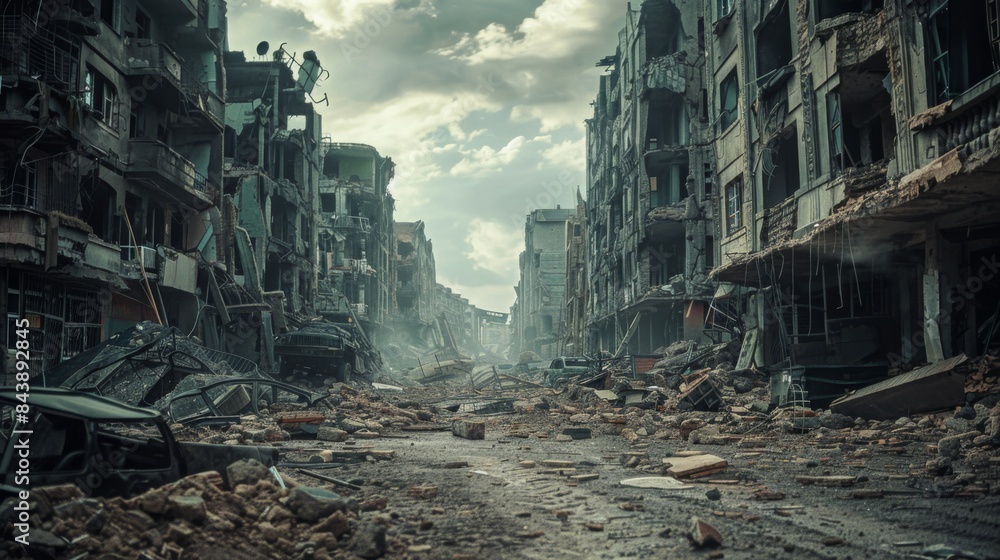 Destroyed city after the war. Dramatic scene of the bombed out city. Human suffering and war Destroyed city after the war. Dramatic scene of the bombed out city. Human suffering and war