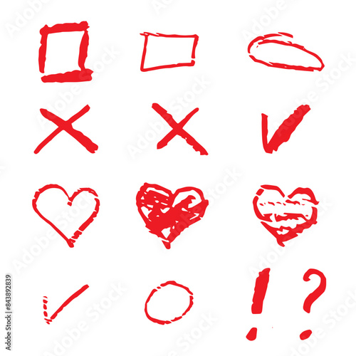 Hand drawn by Wax crayon check mark, red marker. Vector illustration hand drawn circles, square, cross, heart, exclamation point and question mark. Check marks collection	