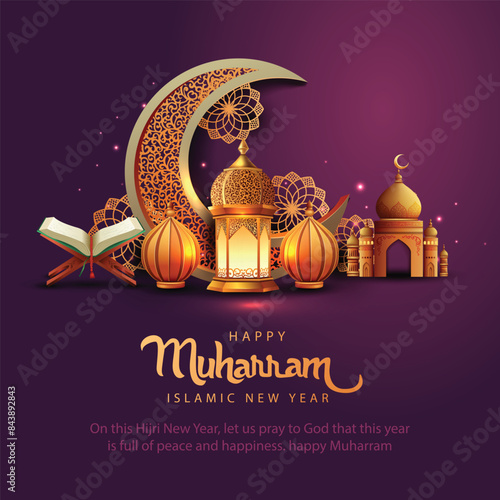 happy Muharram art greetings with golden mosque and brown background wallpaper. abstract vector illustration design.