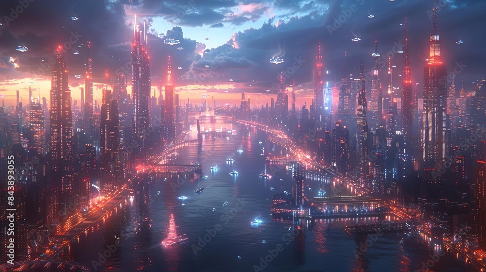 Fototapeta premium futuristic city with a river and a bridge at night