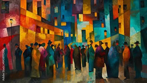 Nightlife - Crowd Painting, Cubist Style, Town art, Street Cubism, People Painting, Vintage Europe