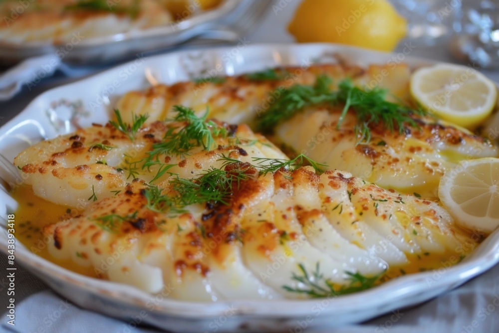 Plate of fish with lemon slices and dilllie, norwegian recipes Plate of fish with lemon slices and dilllie, norwegian recipes