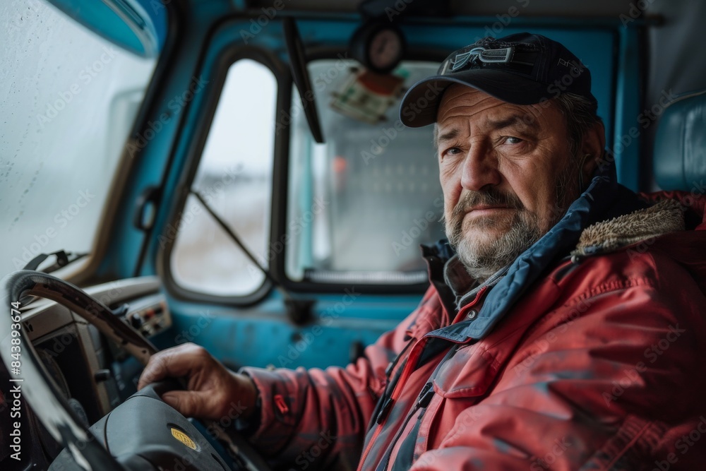 Photo of an attractive truck driver sitting in the cab driving his blue and white truck. He is wearing a dark red jacket with a black cap on his head and has a beard. He has one hand on the wheel Photo of an attractive truck driver sitting in the cab driving his blue and white truck. He is wearing a dark red jacket with a black cap on his head and has a beard. He has one hand on the wheel