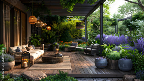 Rustic Wraparound Terrace: wooden decking, rustic furniture, hanging lanterns, planters with herbs and flowers © Rando