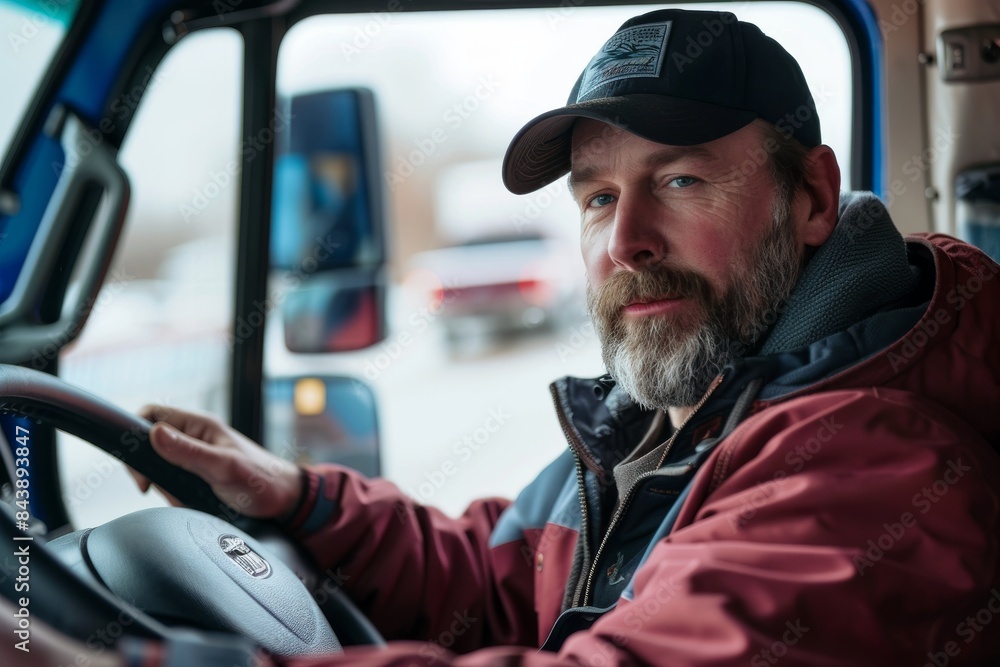 Photo of an attractive truck driver sitting in the cab driving his blue and white truck. He is wearing a dark red jacket with a black cap on his head and has a beard. He has one hand on the wheel Photo of an attractive truck driver sitting in the cab driving his blue and white truck. He is wearing a dark red jacket with a black cap on his head and has a beard. He has one hand on the wheel