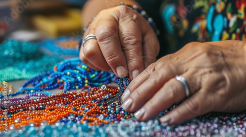 Generate an image of a needlewoman creating original beaded jewelry. --no text --ar 16:9 --quality 0.5 Job ID: 54bf7db4-af58-4d1a-b0ee-8a426cee7621