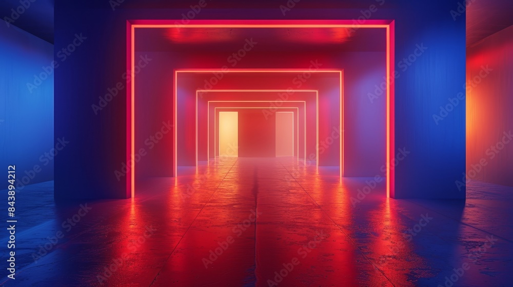 A long hallway with neon lights and a door in the middle A long hallway with neon lights and a door in the middle