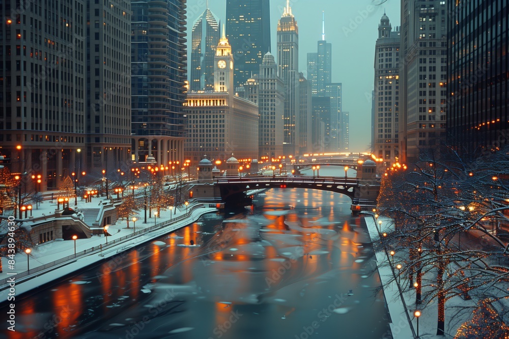 Fototapeta premium Nighttime Chicago: Urban Lights, Cityscape, Skyline Views