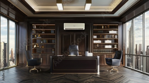 High-end executive office with dark wood furniture and a state-of-the-art wall-mounted air conditioner. The office includes a private library and panoramic views of the city skyline. © Aqsa