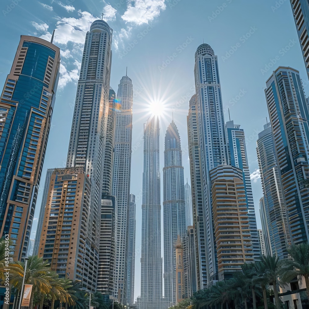 Fototapeta premium view of a city with tall buildings and palm trees