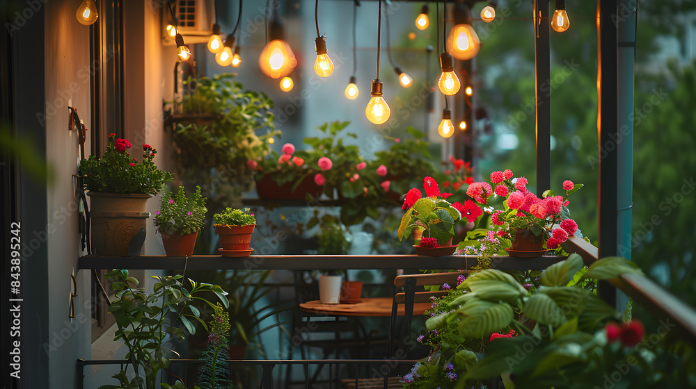Romantic Balcony Terrace, small dining set, fairy lights, and potted flowers Romantic Balcony Terrace, small dining set, fairy lights, and potted flowers