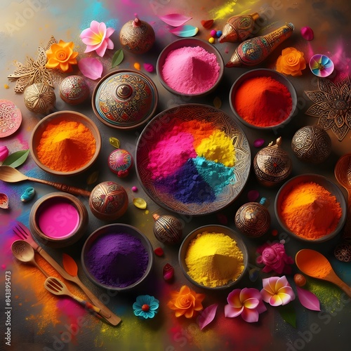 Holi festival Celebration colorful powder in bowls