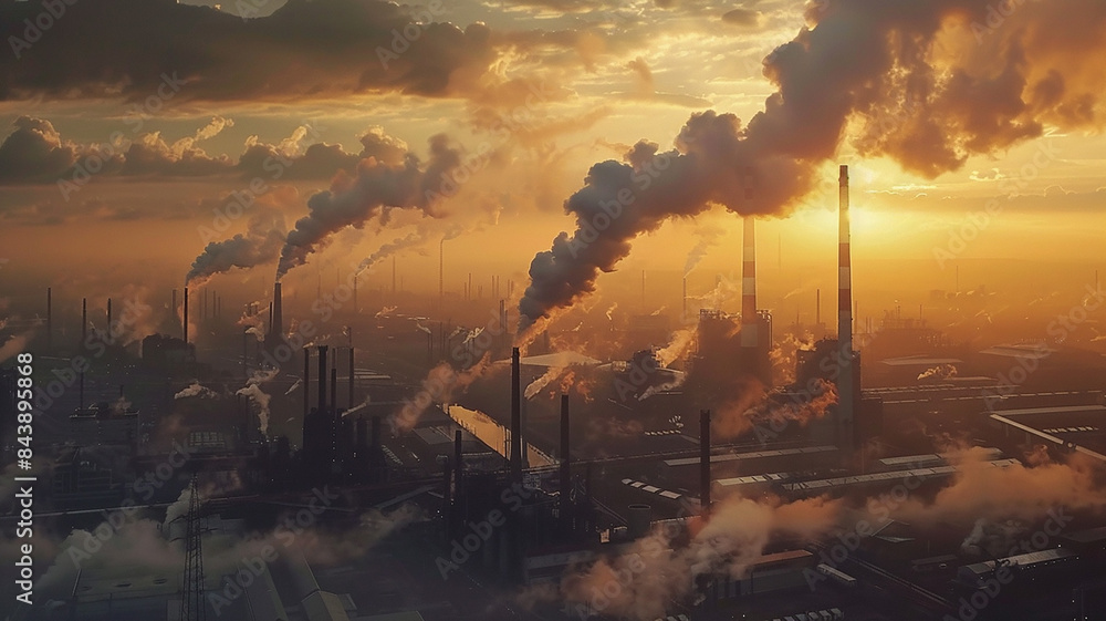 An aerial view of an industrial urban city with large smokestacks emitting thick clouds of air pollution, showing the environmental impact and effects on human health. An aerial view of an industrial urban city with large smokestacks emitting thick clouds of air pollution, showing the environmental impact and effects on human health.