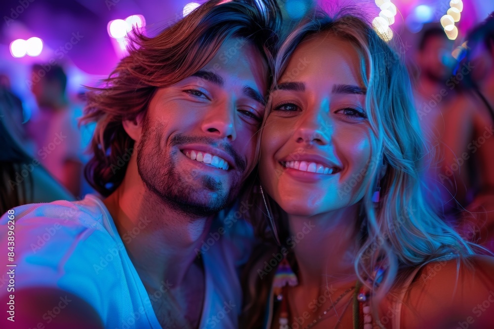 A man and woman are smiling at the camera in a club. The man is wearing a white shirt and the woman is wearing a black shirt. Scene is happy and fun, as the couple is enjoying themselves at the club A man and woman are smiling at the camera in a club. The man is wearing a white shirt and the woman is wearing a black shirt. Scene is happy and fun, as the couple is enjoying themselves at the club